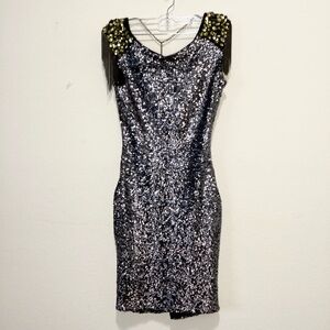 Elegant Black Sequin Bebe Dress with Gold Accents